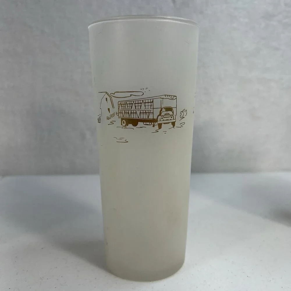 Vintage Rare Lot 6 Glass Frosted White Gold Etching Semi Trailer Crane Big Rig‎